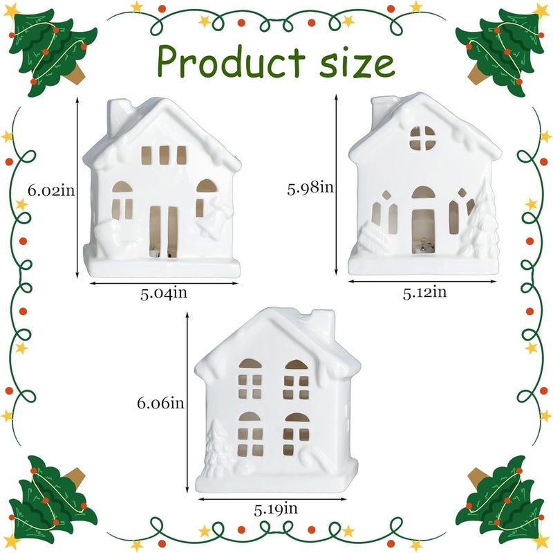 NEROSUN Ceramic Christmas Village Houses, 3Pcs LED Lighted Porcelain White Small House Tabletop Figurines, Light Up Christmas Decorations for Home Shelf Cabinet Table Winter Decor - Image 4